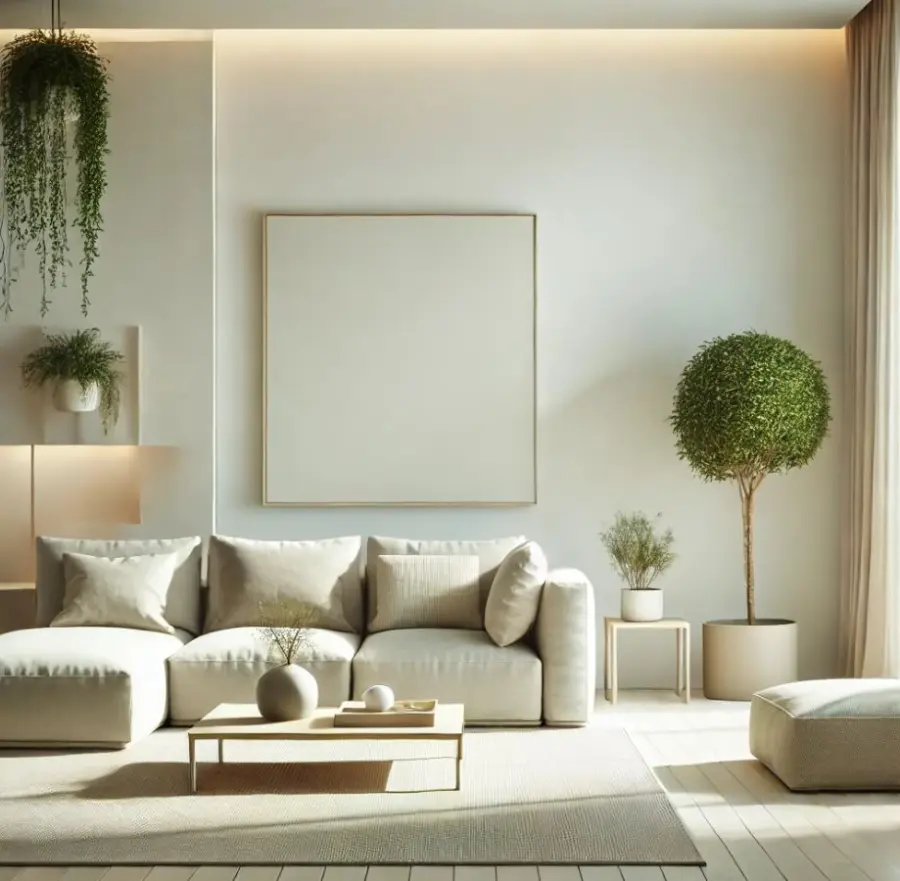 Modern minimalist living room with clean lines, natural lighting, neutral tones, and a touch of greenery, designed to promote simplicity, comfort, and relaxation.