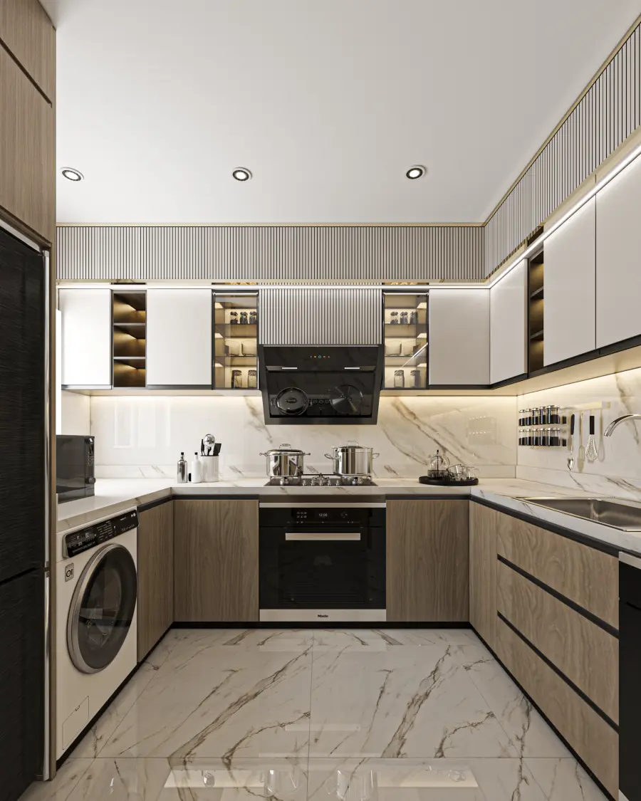 Modern kitchen design with sleek cabinetry, marble flooring, and high-end appliances, creating a functional and stylish cooking space. 4o mini