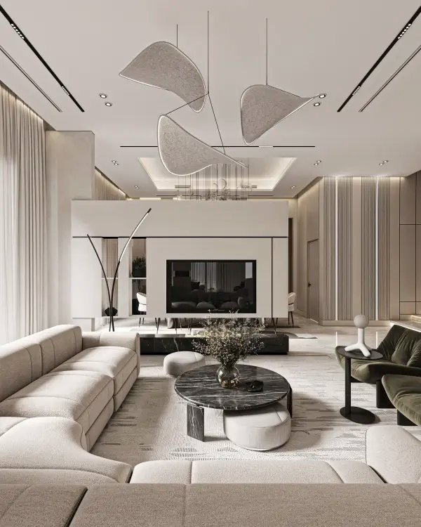 Elegant modern living room with neutral tones, marble tables, artistic lighting, and luxurious seating arranged in a spacious, contemporary open-plan design.          Ask ChatGPT