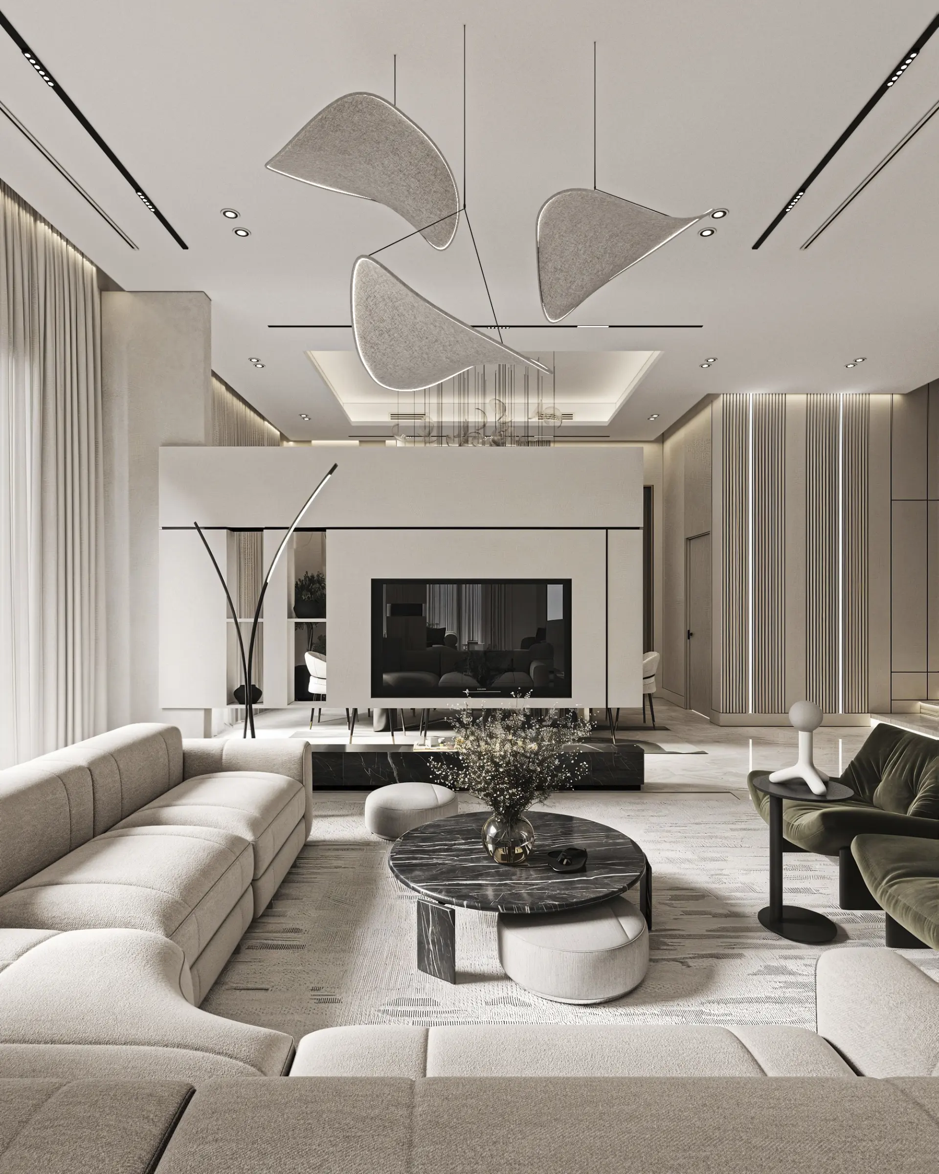 Elegant modern living room with neutral tones, marble tables, artistic lighting, and luxurious seating arranged in a spacious, contemporary open-plan design.          Ask ChatGPT