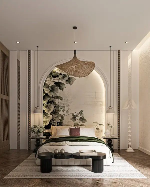 A luxurious bedroom with an arched botanical feature wall, soft neutral tones, modern lighting, and elegant furnishings, alongside a marble bathroom with warm lighting and black fixtures.