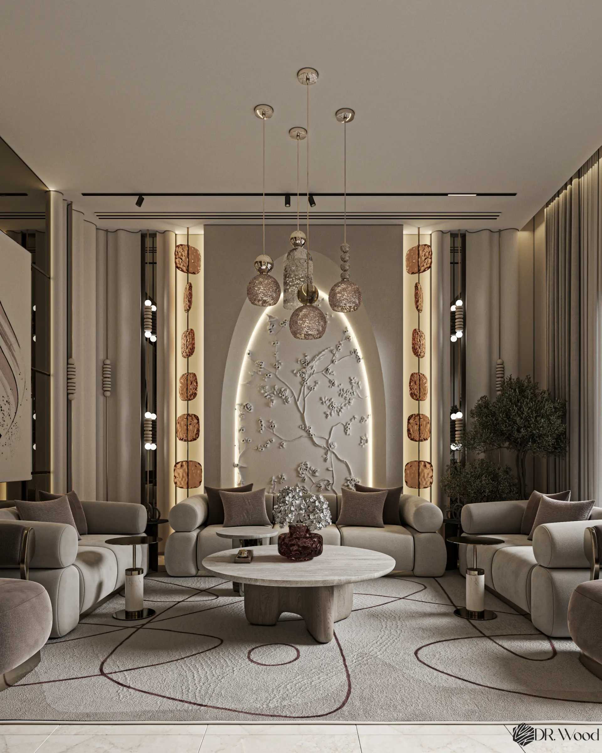 Elegant contemporary majlis with curved sofas, warm neutral tones, sculptural pendant lights, and a backlit textured feature wall creating a luxurious and inviting ambiance