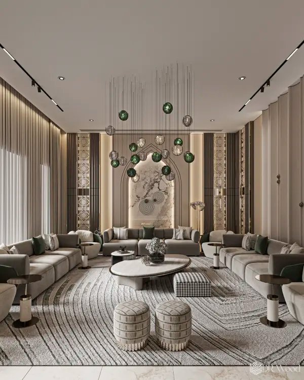 Luxury contemporary majlis with green accent lighting, symmetrical seating, pendant lights, and an illuminated arched feature wall creating a refined and elegant atmosphere