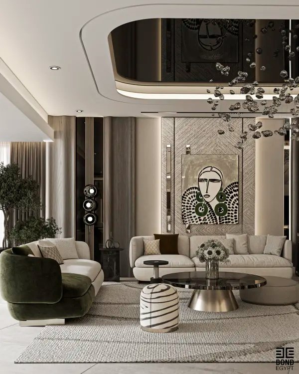 Luxury modern majlis with open-plan layout, marble fireplace, sculptural chandelier, and elegant curved seating creating a spacious and sophisticated living environment